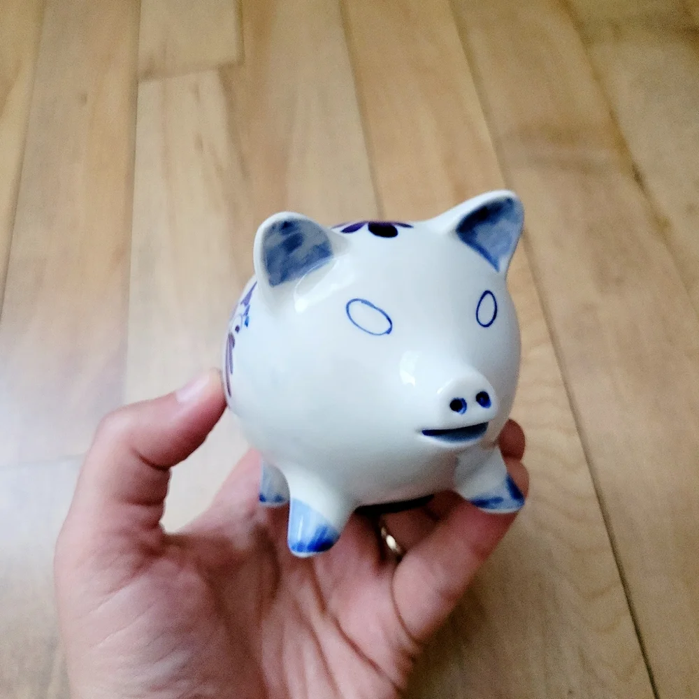 Vintage Handmade Delft Pottery Small Floral & Nautical Ship Dutch Piggy Bank